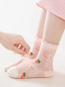 4pairs/set Girls' Lace Trimmed Strawberry Rabbit Bowknot Embellished Mid-calf Socks, Suitable For Daily Wear - Multicolor - View 6
