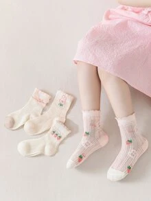 4pairs/set Girls' Lace Trimmed Strawberry Rabbit Bowknot Embellished Mid-calf Socks, Suitable For Daily Wear - Multicolor - View 2