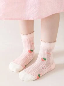 4pairs/set Girls' Lace Trimmed Strawberry Rabbit Bowknot Embellished Mid-calf Socks, Suitable For Daily Wear - Multicolor - View 3