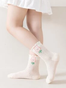 4pairs/set Girls' Lace Trimmed Strawberry Rabbit Bowknot Embellished Mid-calf Socks, Suitable For Daily Wear - Multicolor - View 5