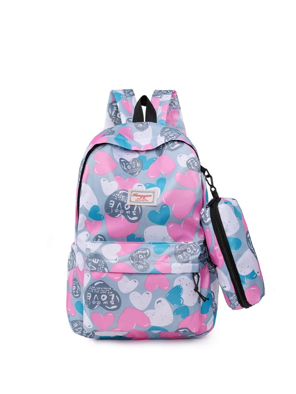 Mochila escolar de dos piezas con contraste de color, impresión de cartón de carta de amor, mochila juvenil