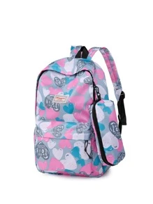 两件套撞色书包卡通爱心字母印花青年背包学生书包 - 彩色 - 查看 3