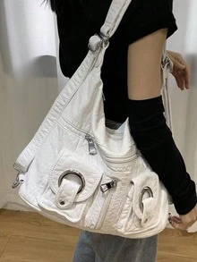 大容量柔軟皮革女包,學生包,肩背包,可當作背包、斜挎包、手提包使用 - 白色 - 查看 8