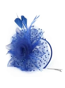 迷人帽適合女士茶話會髮箍婚禮雞尾酒網紗花羽毛髮夾 - 寶藍色 - 查看 2