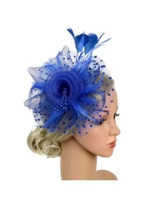 迷人帽適合女士茶話會髮箍婚禮雞尾酒網紗花羽毛髮夾 - 寶藍色 - 查看 1