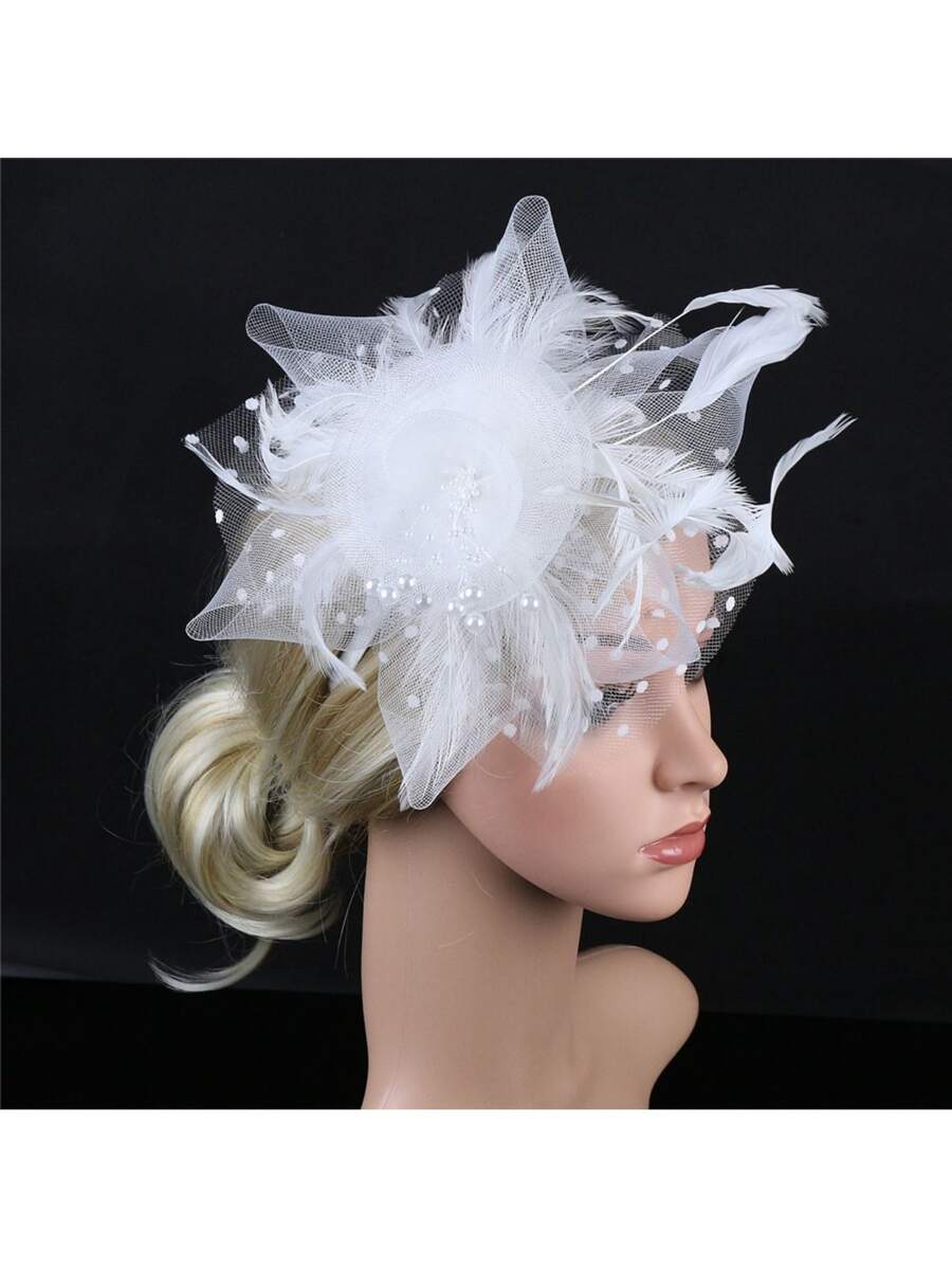 Fascinator Hat for Women Tea Party Headband Wedding Cocktail Mesh Flower Feathers Hair Clip - White - View 1