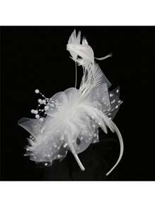 Fascinator Hat for Women Tea Party Headband Wedding Cocktail Mesh Flower Feathers Hair Clip - White - View 3