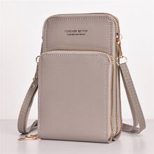 觸控式螢幕手機錢包皮夾,小PU皮革卡口袋斜挎包,拉鍊肩帶單肩包女士PU皮革觸控式螢幕時髦多功能大容量手機錢包 - 灰色 - 查看 3