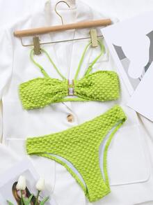 Plain Ring Linked Bikini Set - Lime Green - View 3