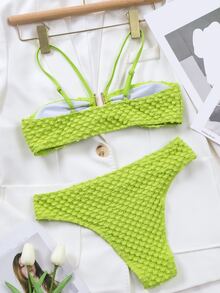 Plain Ring Linked Bikini Set - Lime Green - View 4