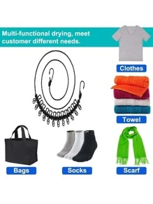 1 Pack Portable Clothesline with 12 Clothespins, Windproof Travel Clothesline Stretchy Retractable Elastic Laundry Clothes Line for Backyard, Vacation Hotel, Balcony Clothes Drying Line - Black - View 7