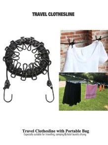 1 Pack Portable Clothesline with 12 Clothespins, Windproof Travel Clothesline Stretchy Retractable Elastic Laundry Clothes Line for Backyard, Vacation Hotel, Balcony Clothes Drying Line - Black - View 8