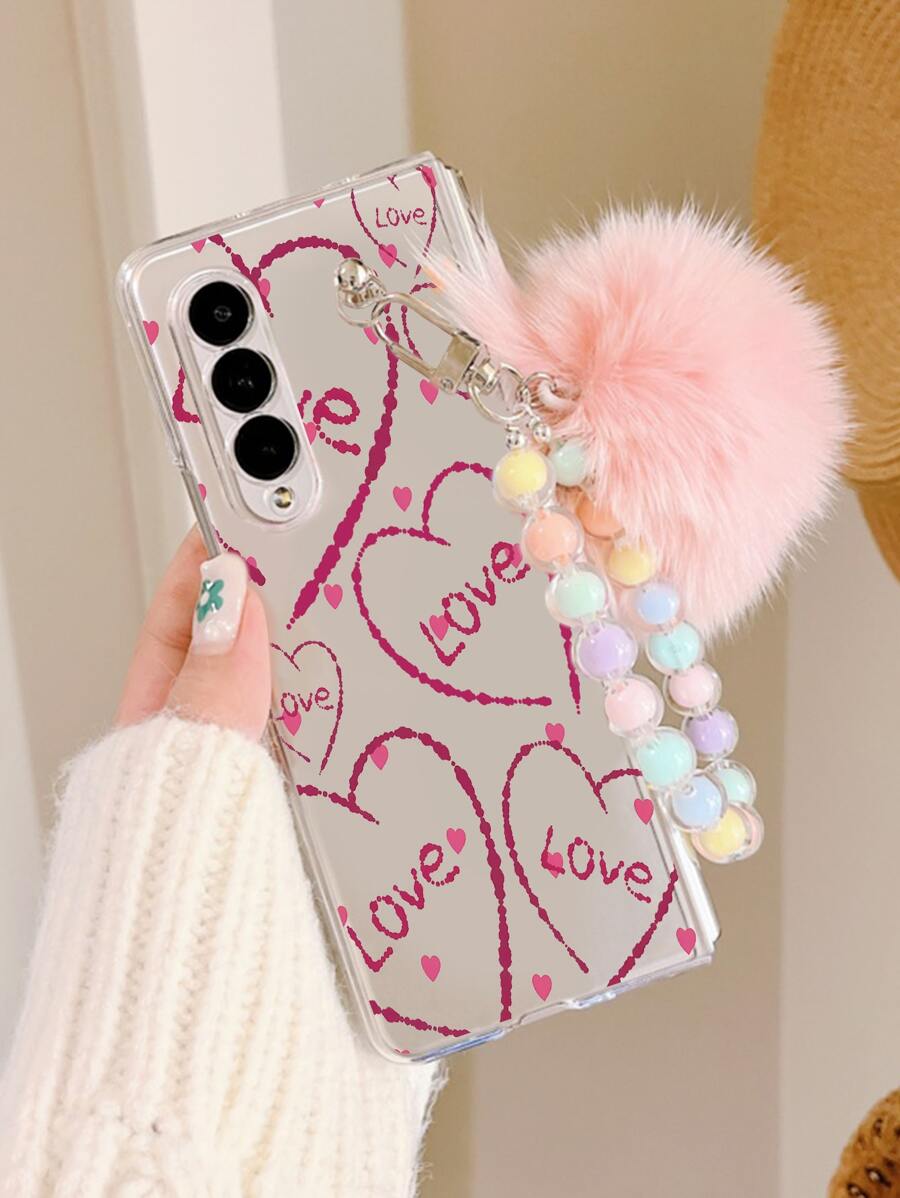 愛心和字母圖案手機殼附帶繩子和球球 - 彩色 - 查看 1