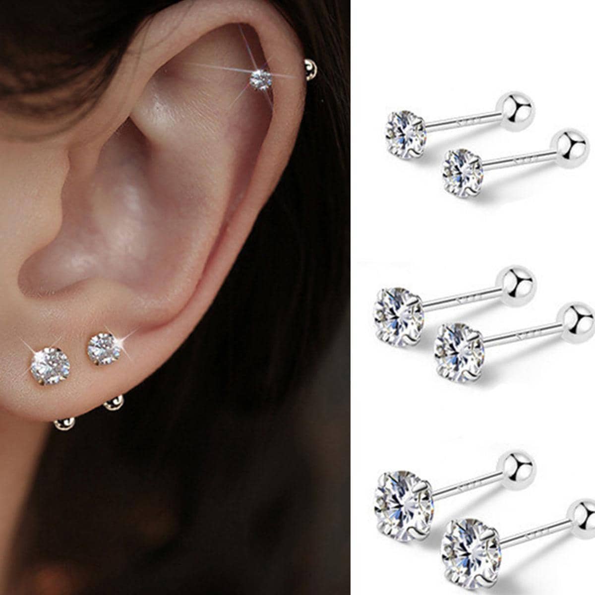 1pair Simple Stylish Personalized&Charm&Vintage&Fashionable S925 Silver&Zirconia Four Claw&Ball&Rivet&Thread Screw Earrings, Valentine's Day Gift For Girlfriend Wedding Engagement Bridal Jewelry