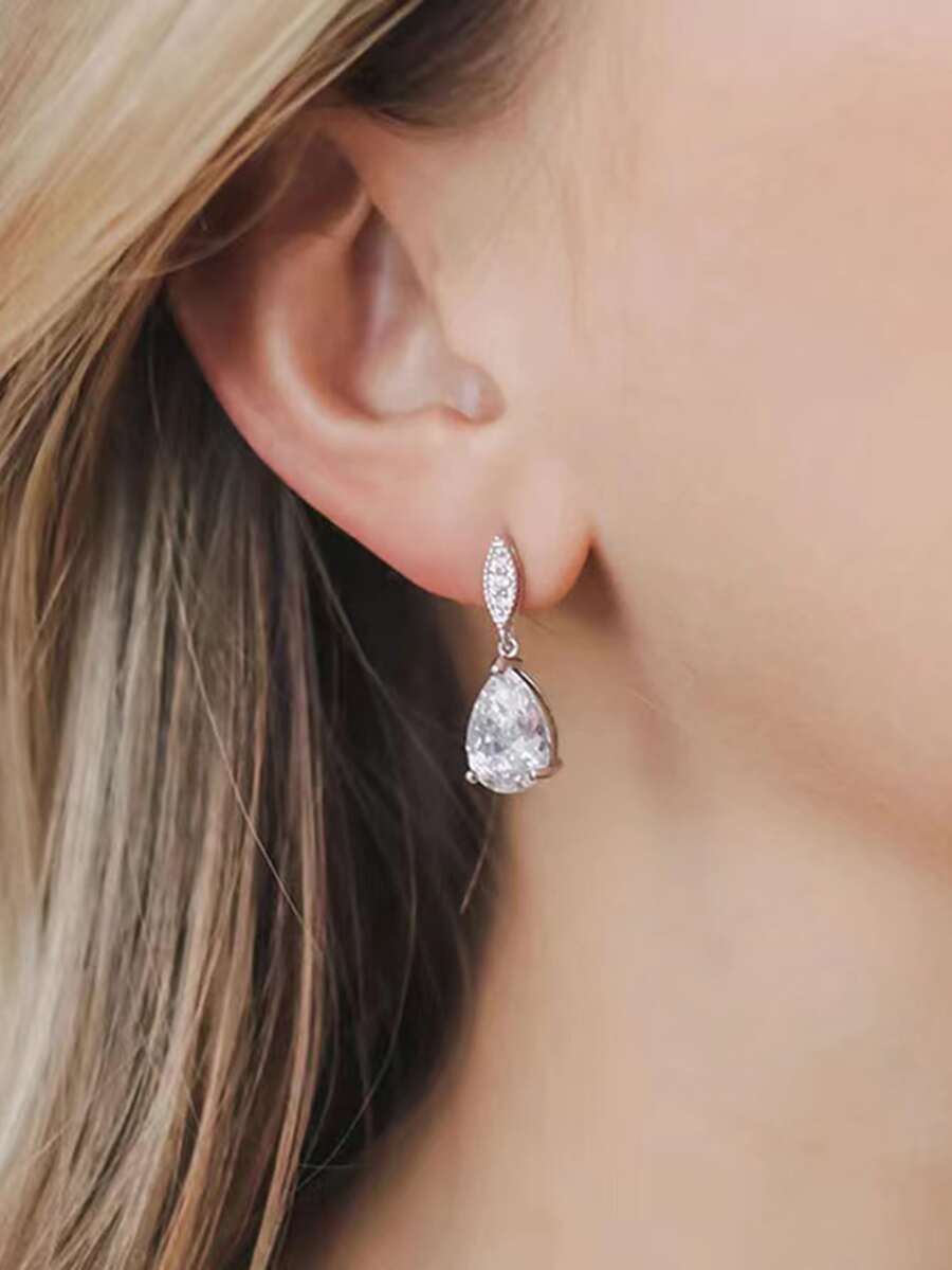 2 件女士时尚精致简约清新简约水滴形锆石耳钉 - 銀色 - 查看 1
