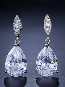 2 件女士时尚精致简约清新简约水滴形锆石耳钉 - 銀色 - 查看 2