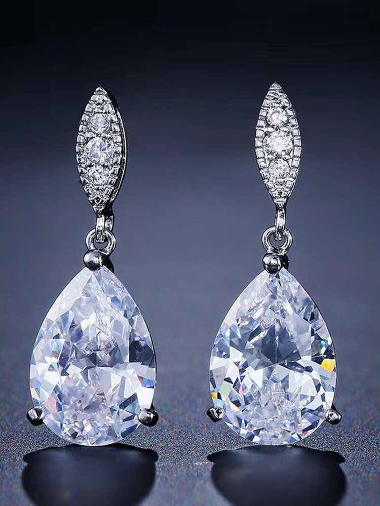 2 chiếc khuyên tai đính đá Zirconia hình giọt nước đơn giản, tinh tế, thời trang dành cho nữ - Bạc - Xem 2