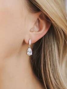 2 件女士时尚精致简约清新简约水滴形锆石耳钉 - 銀色 - 查看 3