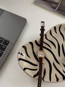 1pc Ceramic Splatter Tray, Handmade Asymmetric Zebra High-Foot Tray, Niche Jewelry Organizer - Beige - View 4