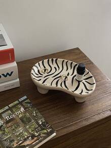 1pc Ceramic Splatter Tray, Handmade Asymmetric Zebra High-Foot Tray, Niche Jewelry Organizer - Beige - View 6