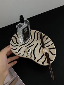 1pc Ceramic Splatter Tray, Handmade Asymmetric Zebra High-Foot Tray, Niche Jewelry Organizer - Beige - View 2