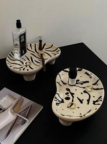 1pc Ceramic Splatter Tray, Handmade Asymmetric Zebra High-Foot Tray, Niche Jewelry Organizer - Beige - View 1