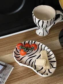 1pc Ceramic Splatter Tray, Handmade Asymmetric Zebra High-Foot Tray, Niche Jewelry Organizer - Beige - View 3