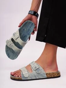 男士搭扣裝飾時尚夏天帆布拖鞋 - 藍色 - 查看 2