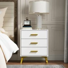 White Nightstand with 3 Drawers, Bedside Table End Table & Golden Metal Legs, Small Place Bedroom Living Room Storage (19.7" W x 15.7" D x 23.6" H) - 白色 - 查看 2
