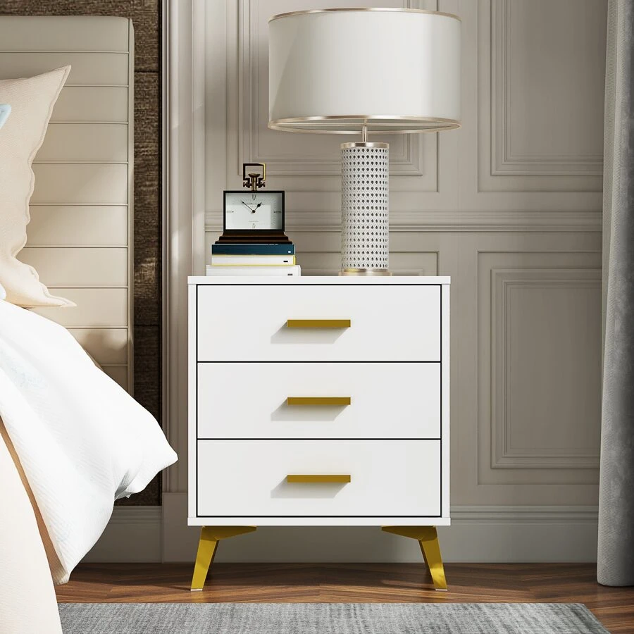 White Nightstand with 3 Drawers, Bedside Table End Table & Golden Metal Legs, Small Place Bedroom Living Room Storage (19.7" W x 15.7" D x 23.6" H)