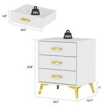 White Nightstand with 3 Drawers, Bedside Table End Table & Golden Metal Legs, Small Place Bedroom Living Room Storage (19.7" W x 15.7" D x 23.6" H) - 白色 - 查看 7