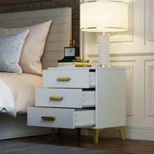 White Nightstand with 3 Drawers, Bedside Table End Table & Golden Metal Legs, Small Place Bedroom Living Room Storage (19.7" W x 15.7" D x 23.6" H) - 白色 - 查看 3