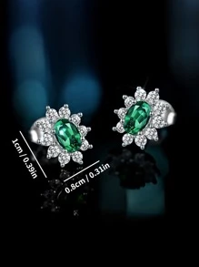 2只镀银向日葵及祖母绿锆石耳钉，新娘结婚首饰，女友/妻子生日周年纪念礼物，情人节礼物，母亲节礼物 - 綠色 - 查看 4