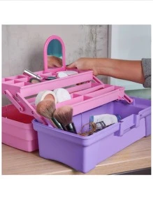 Caja organizadora para maquillaje 36 x 18 x 18 con bandeja de dos niveles deslizable uñas maquillaje pestañas cosmeticos cosmetiquera - Rosa - Ver 7