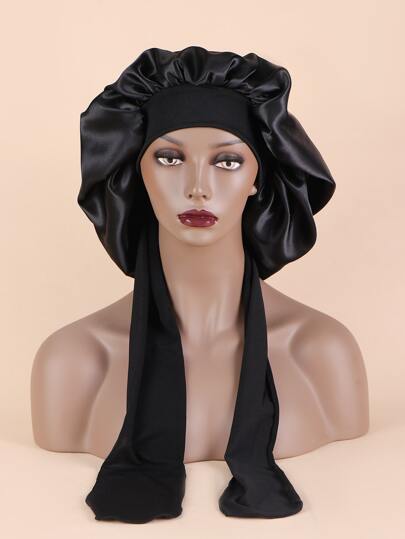 1pc Solid Color Women's Sleep Cap With Two Long Tails Silk Bonnet Satin Bonnet
