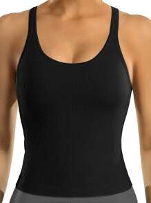 Ribbed Knit Sports Tank Top - Black - View 3
