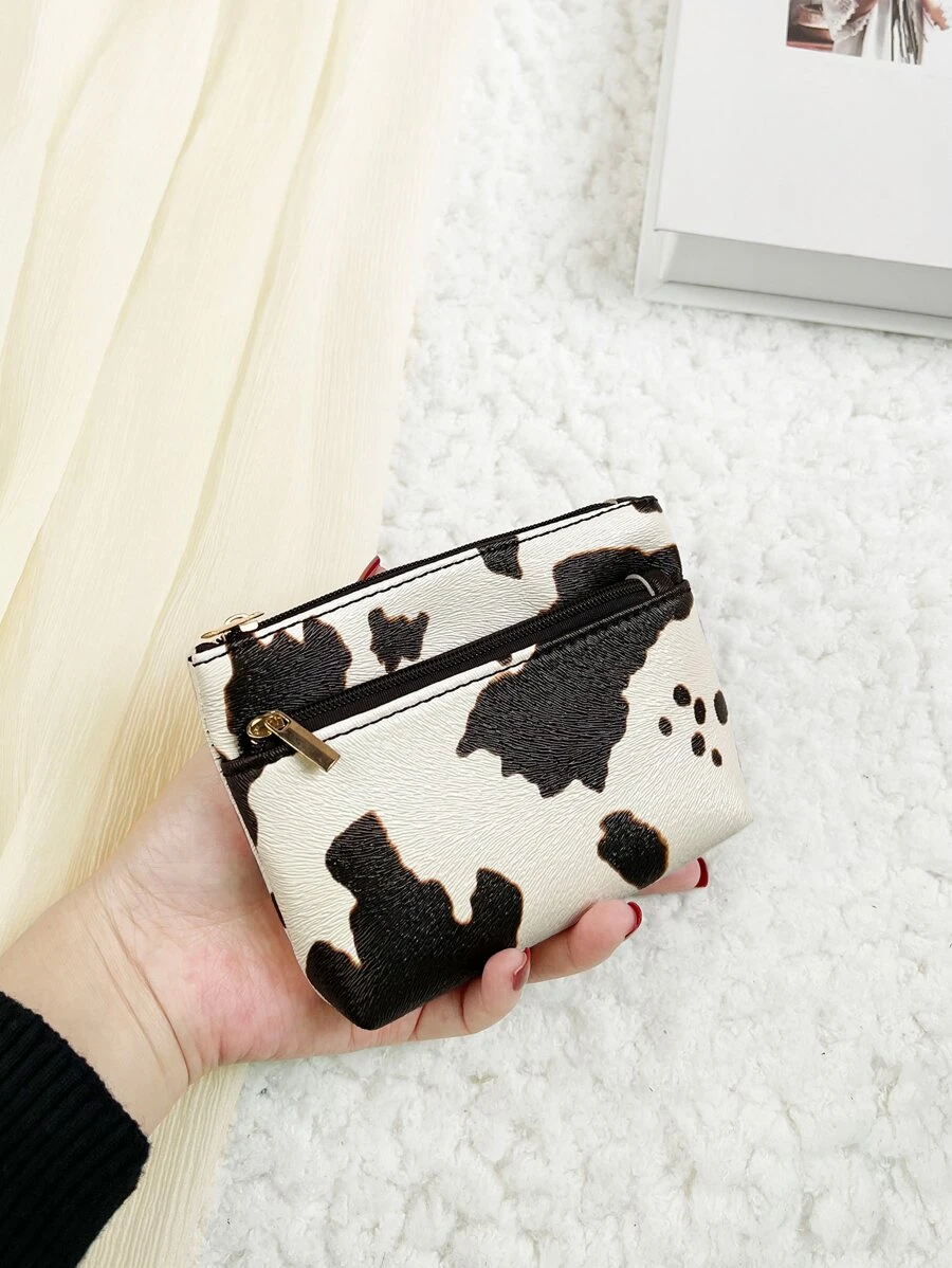 时尚牛皮图案拉链轻便时尚周年纪念生日礼物礼品白领人士男士女士小包高品质皮革女士钱包迷你钱包钱包零钱包 - 黑與白 - 查看 1