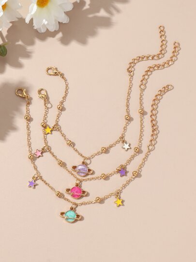 3pcs Girls Planet & Star Charm Bracelet Chain, Asymmetrical Handmade