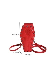 迷你時尚鉚釘龐克風格花紋女包,菱形棺材包女士用,斜揹單肩包 - 紅色 - 查看 3