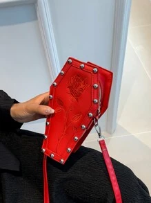 迷你時尚鉚釘龐克風格花紋女包,菱形棺材包女士用,斜揹單肩包 - 紅色 - 查看 1