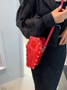 迷你時尚鉚釘龐克風格花紋女包,菱形棺材包女士用,斜揹單肩包 - 紅色 - 查看 2