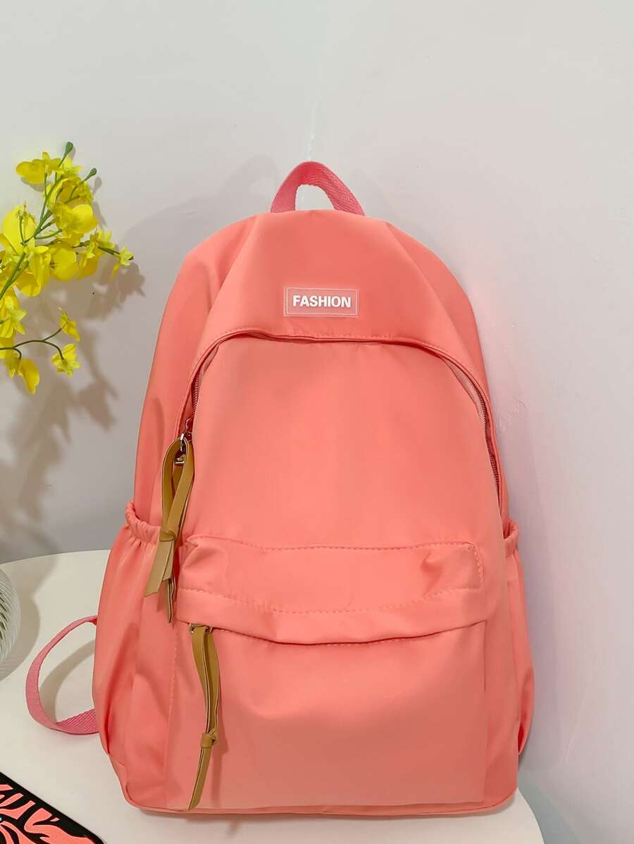 孩子們橘色大容量多種口袋,簡約風格,拉鍊後背包帶學院風字母圖案,合適適用於學生學校,旅行和日常使用 - 橘色 - 查看 1