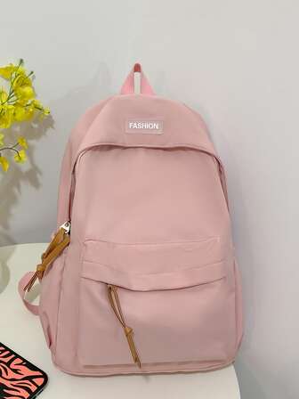 孩子們粉色大容量多功能簡約風拉鍊後背包帶學院風字母印花,合適適用於學校,旅行,日常使用