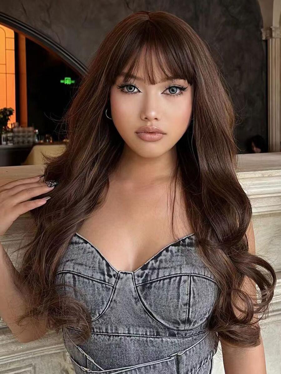 多色波浪卷曲棕色26英寸長卷髮合成鬢角假髮 - 彩色 - 查看 1