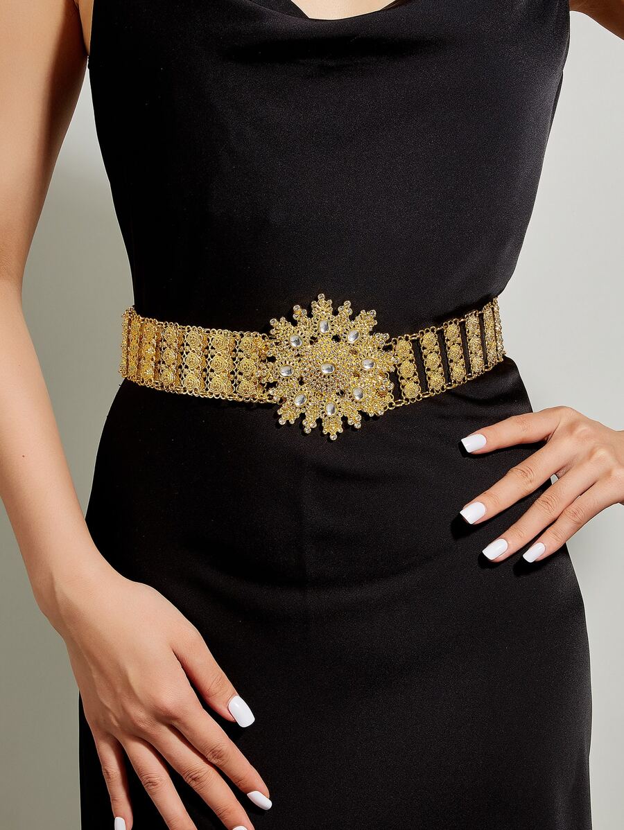 1入組水鑽裝飾腰皮帶 - 金色 - 查看 1
