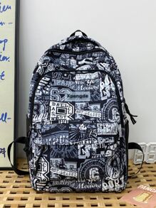 藍色塗鴉風格學生後背包帶大容量,多口袋和尼龍布適用於休閒和日常使用 - 藍色 - 查看 2