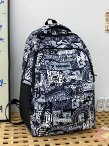 藍色塗鴉風格學生後背包帶大容量,多口袋和尼龍布適用於休閒和日常使用 - 藍色 - 查看 3