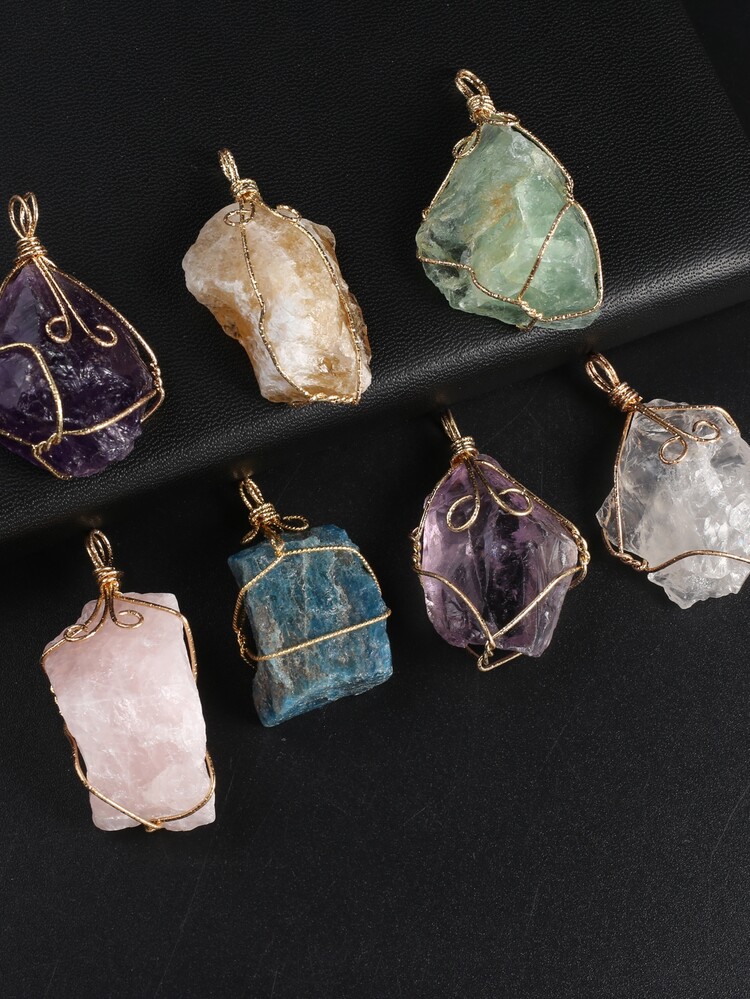 2 件随机颜色精美天然石不对称金色线绕吊坠饰品适用于 DIY 项链耳环珠宝配件 - 彩色 - 查看 1