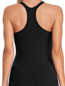 Solid Ribbed Knit Sports Tank Top - Black - View 4