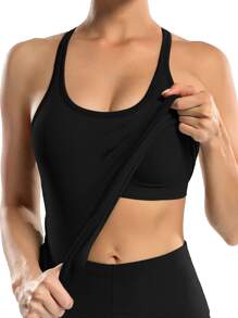 Solid Ribbed Knit Sports Tank Top - Black - View 2